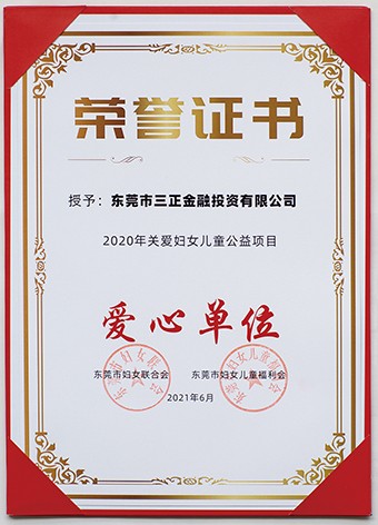 6月3日上午，東莞市婦聯聯合市委組織部、市直工委、市婦女兒童福利會共同啟動了2021年東莞市婦女兒童“黨群公益匯”活動。啟動議式上，三正金融投資公司被授予“愛心單位”榮譽證書。